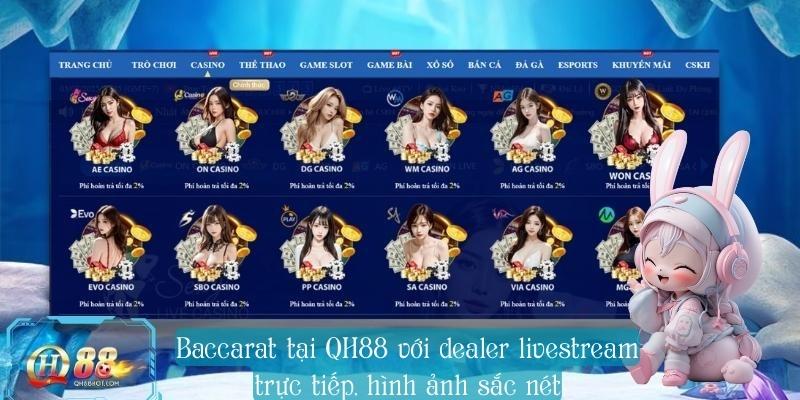 Giao diện bàn chơi Baccarat tại QH88 với dealer livestream trực tiếp, chất lượng hình ảnh sắc nét.